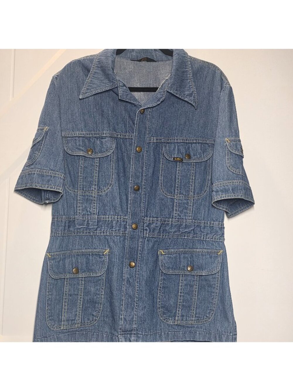 Lee Blue Denim Work Shirt Snap Button Vintage 1970's Safari Cargo Engineer LARGE